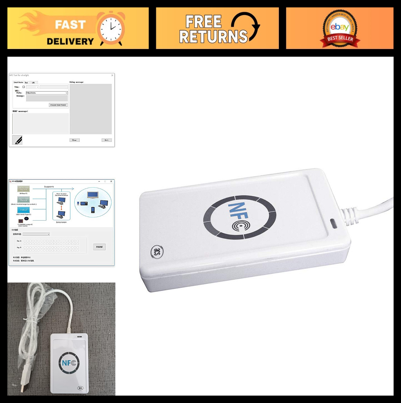 NFC Reader Writer + 5 NTAG213 NFC Tags + Free Software – Fast Data Transfer