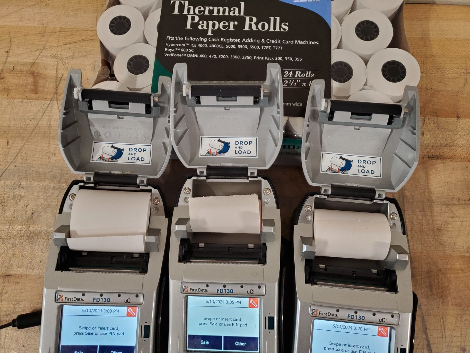 First Data FD130 EMV Credit Card Terminals With IBM 24 Pack Paper Rolls – READ!