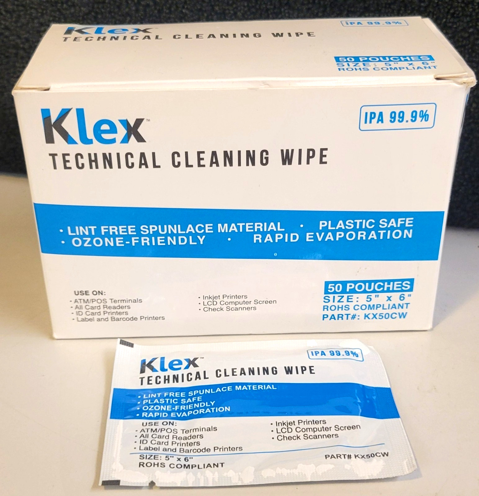 Klex 50 Lint-Free CLEANING WIPES For Credit Card POS ATM Reader 99+% IPA 5″ x 6″