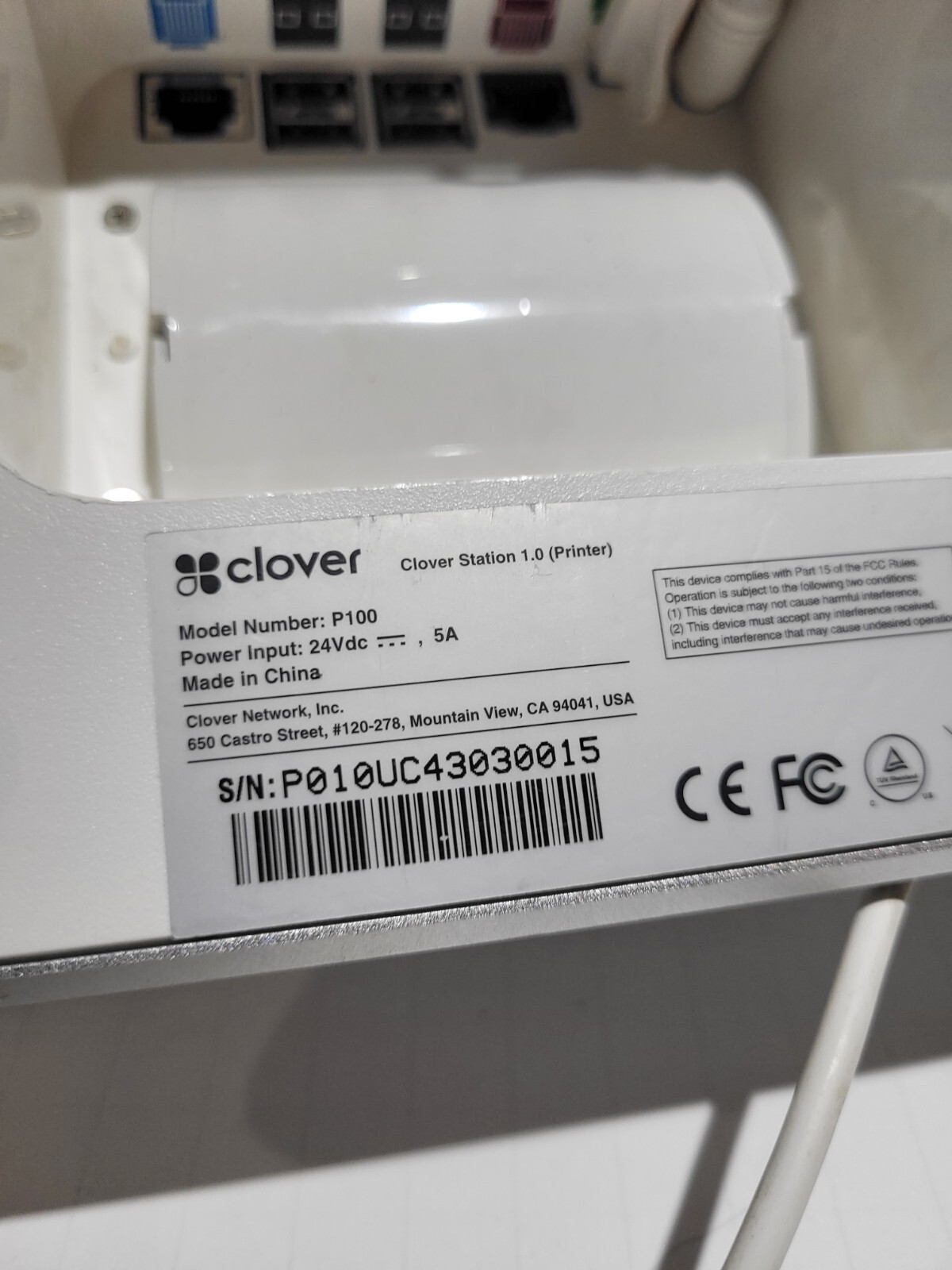 Clover POS Station 1.0 C100 System With Printer P100 And Cords Locked