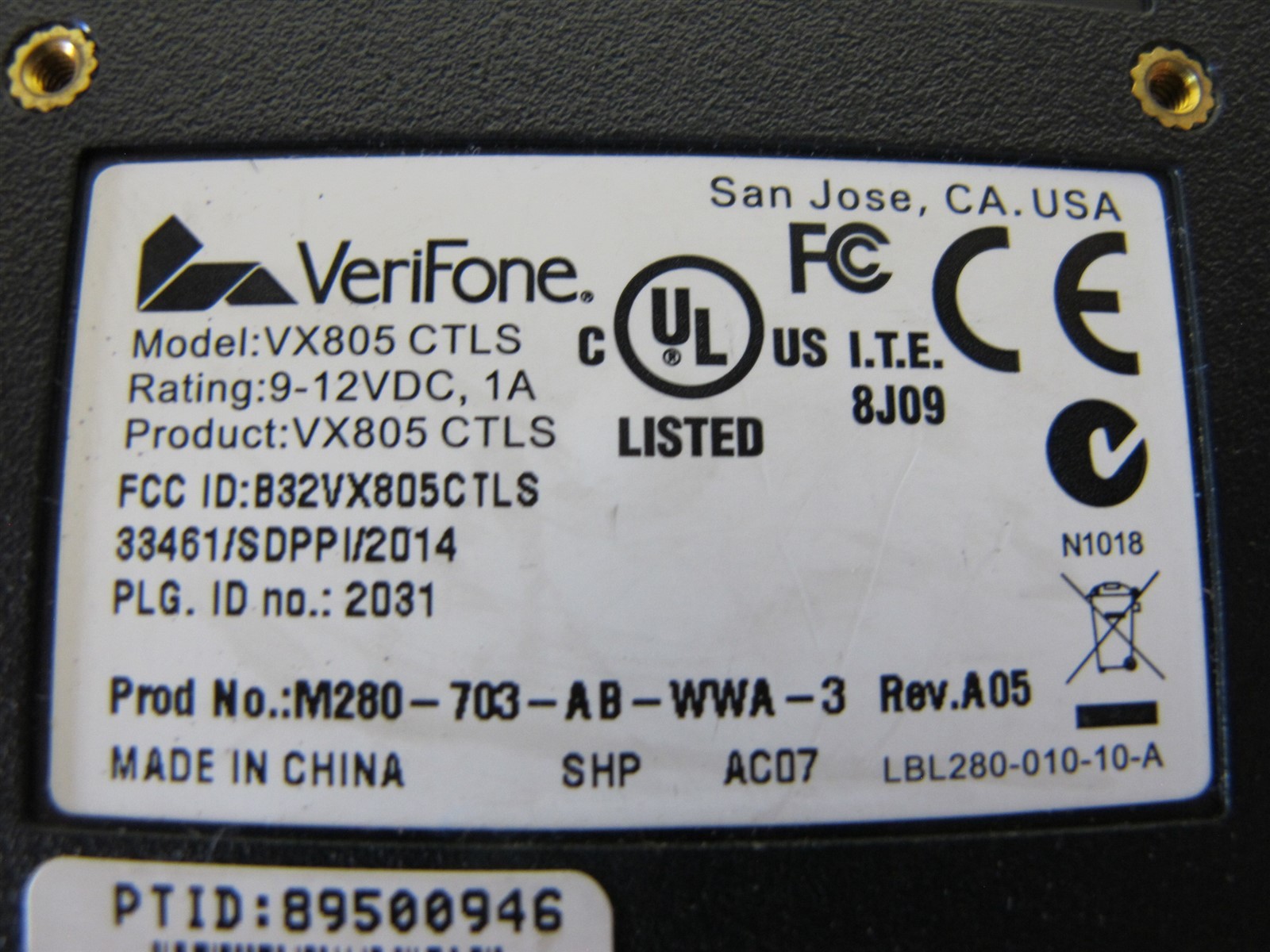 VeriFone VX805 CTLS Credit Card Reader M280-703-AB-WWA-3