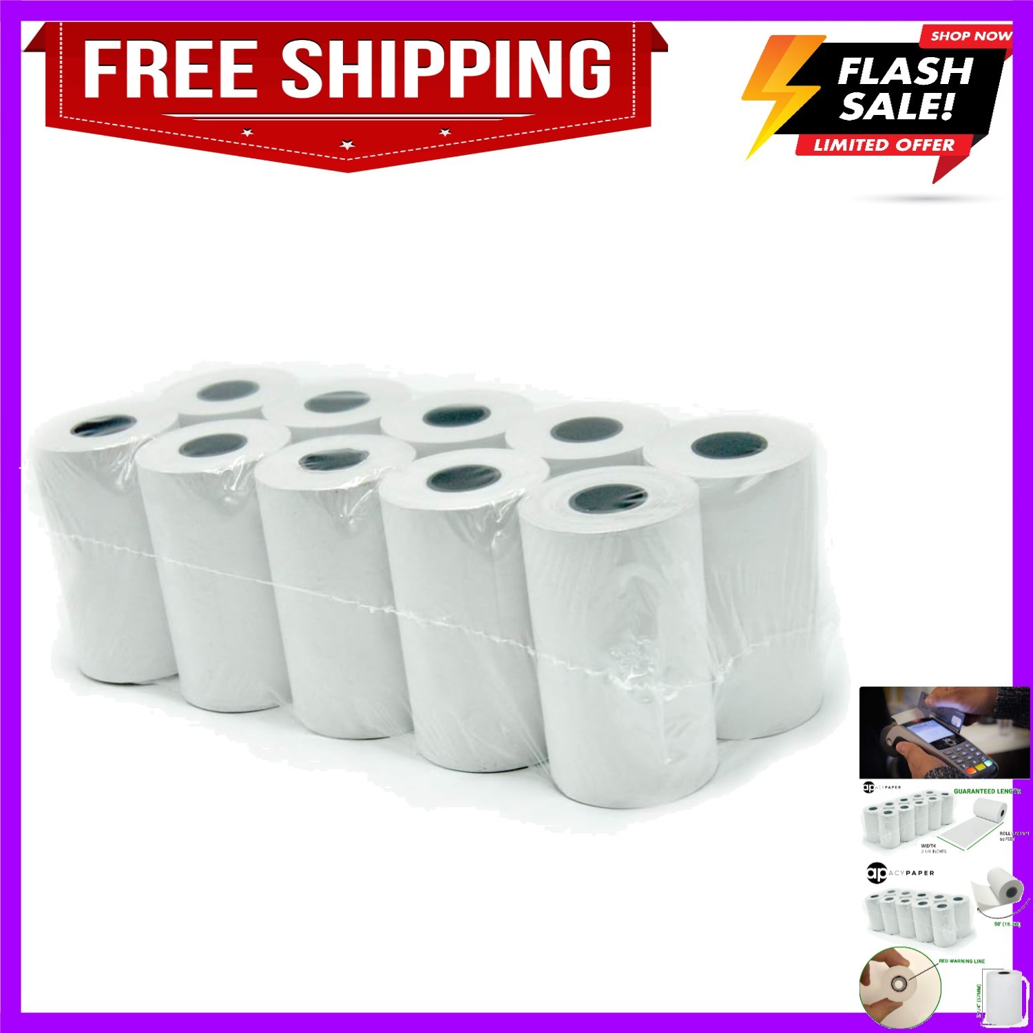 2 1/4″ x 50′ Thermal Paper, Verifone Vx520 Ingenico FD400 10 Rolls
