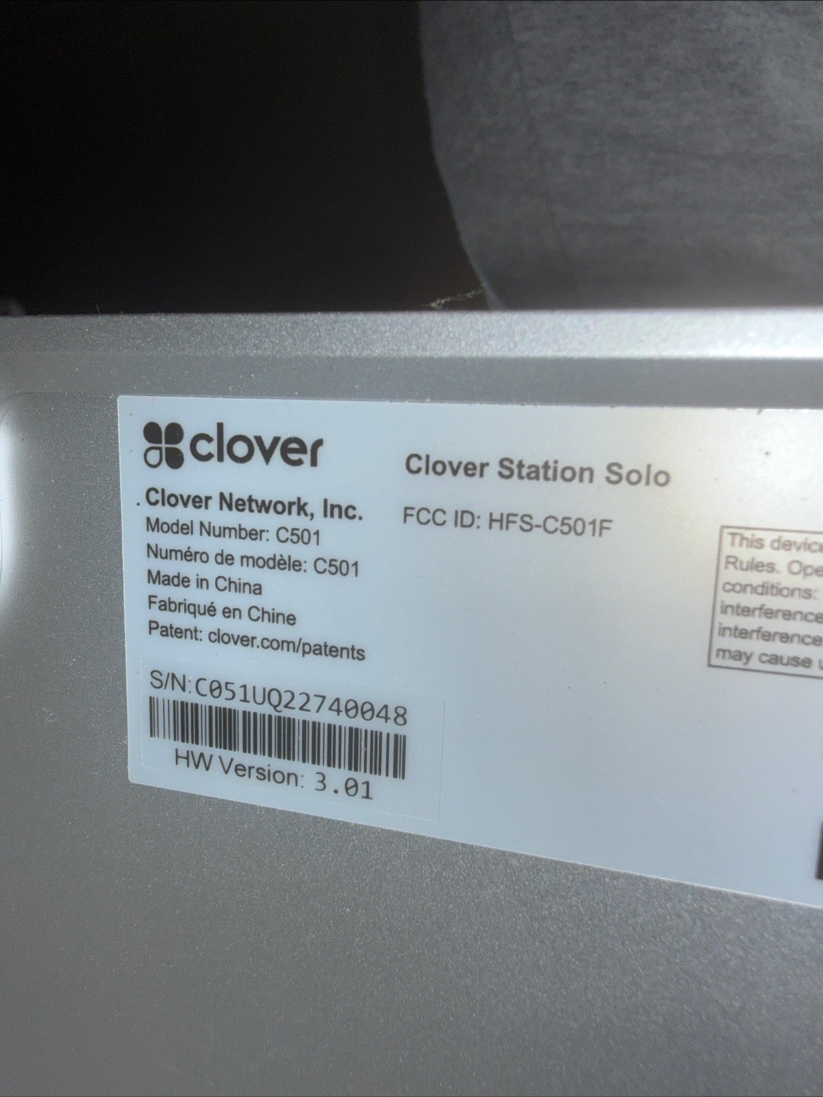 Clover Station Solo C501 POS system /w Cash Drawer As Is For Parts*merchant Lock