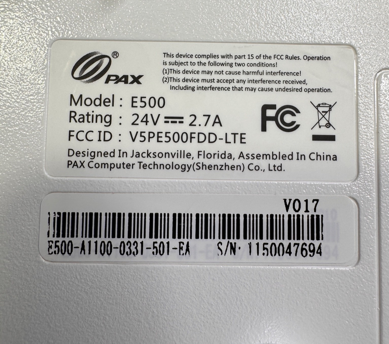 PAX E500 POS Terminal Powers Up Untested As Is Parts Only