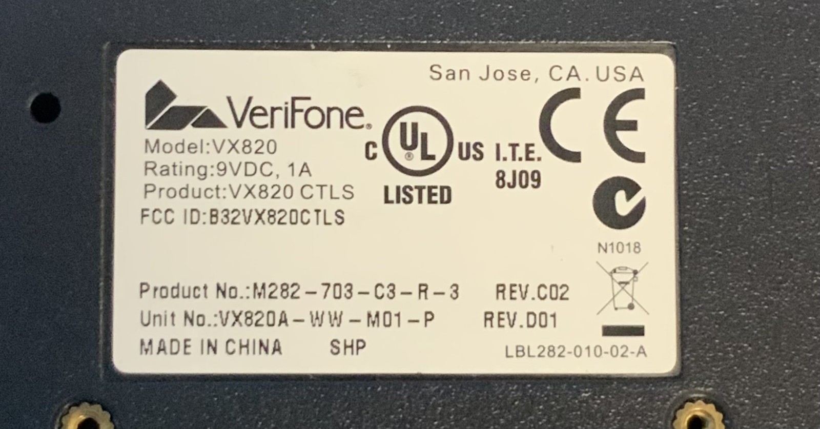 VeriFone VX820 Credit/Debit Card POS Terminal with Cable, Silver “U1C”