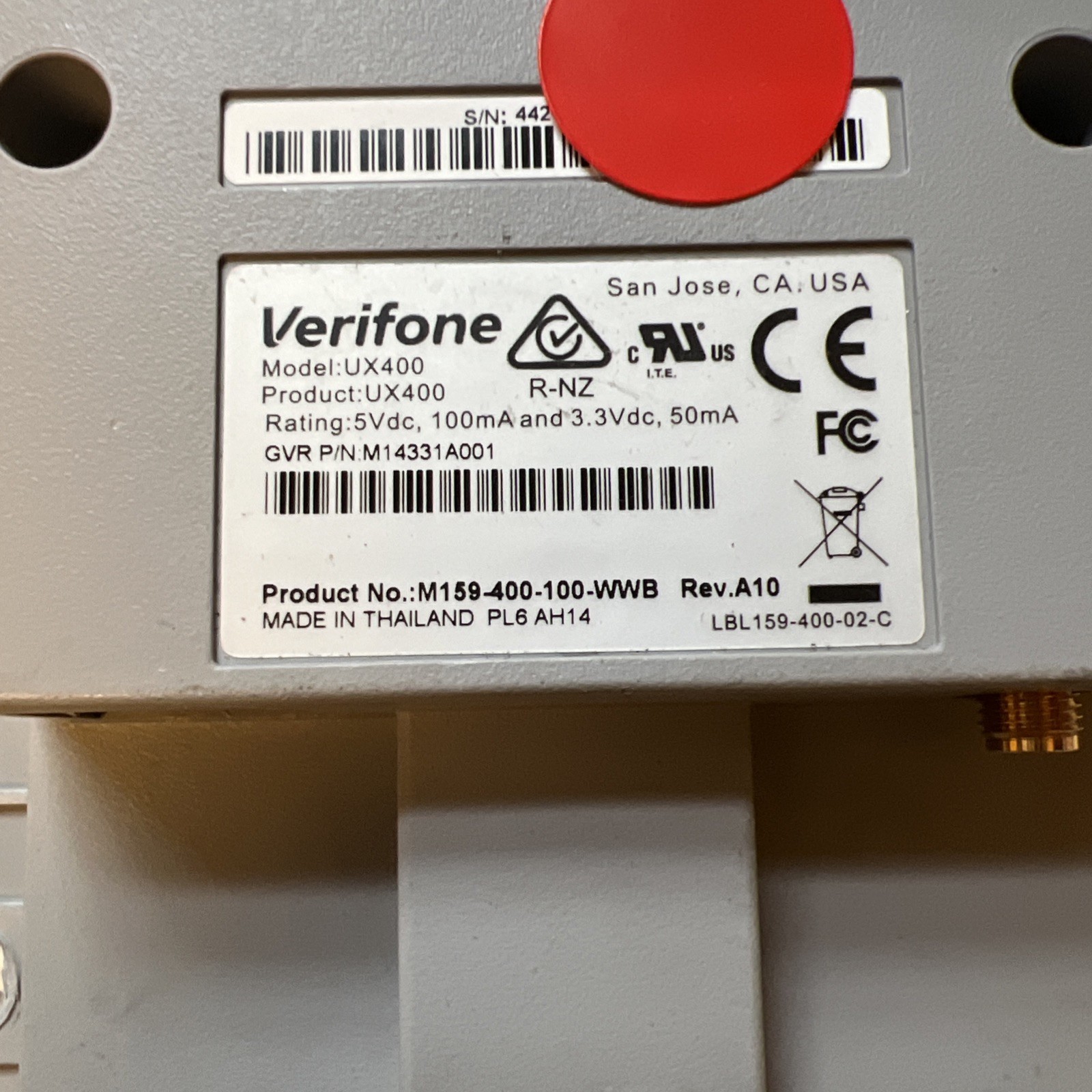 Verifone Contactless Tap Card Reader UX400 M159-400-100-WWB Rev A10 UNTESTED
