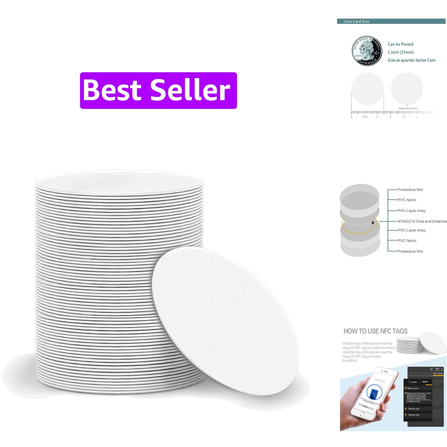 50pcs NFC Cards NFC Tags Ntag215 chip tag rewritable NFC Coin Cards， Compatib…