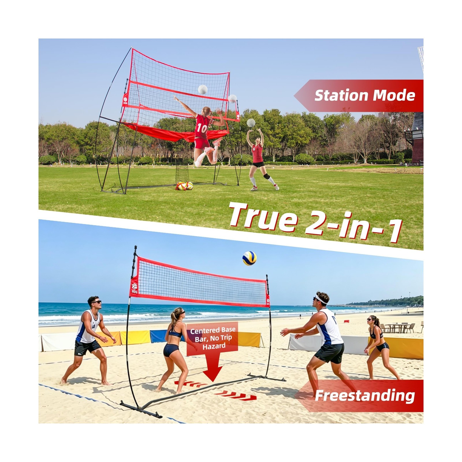 2-in-1 Volleyball Practice Net Station with Patented 5-Height (6’6” to 8′), …