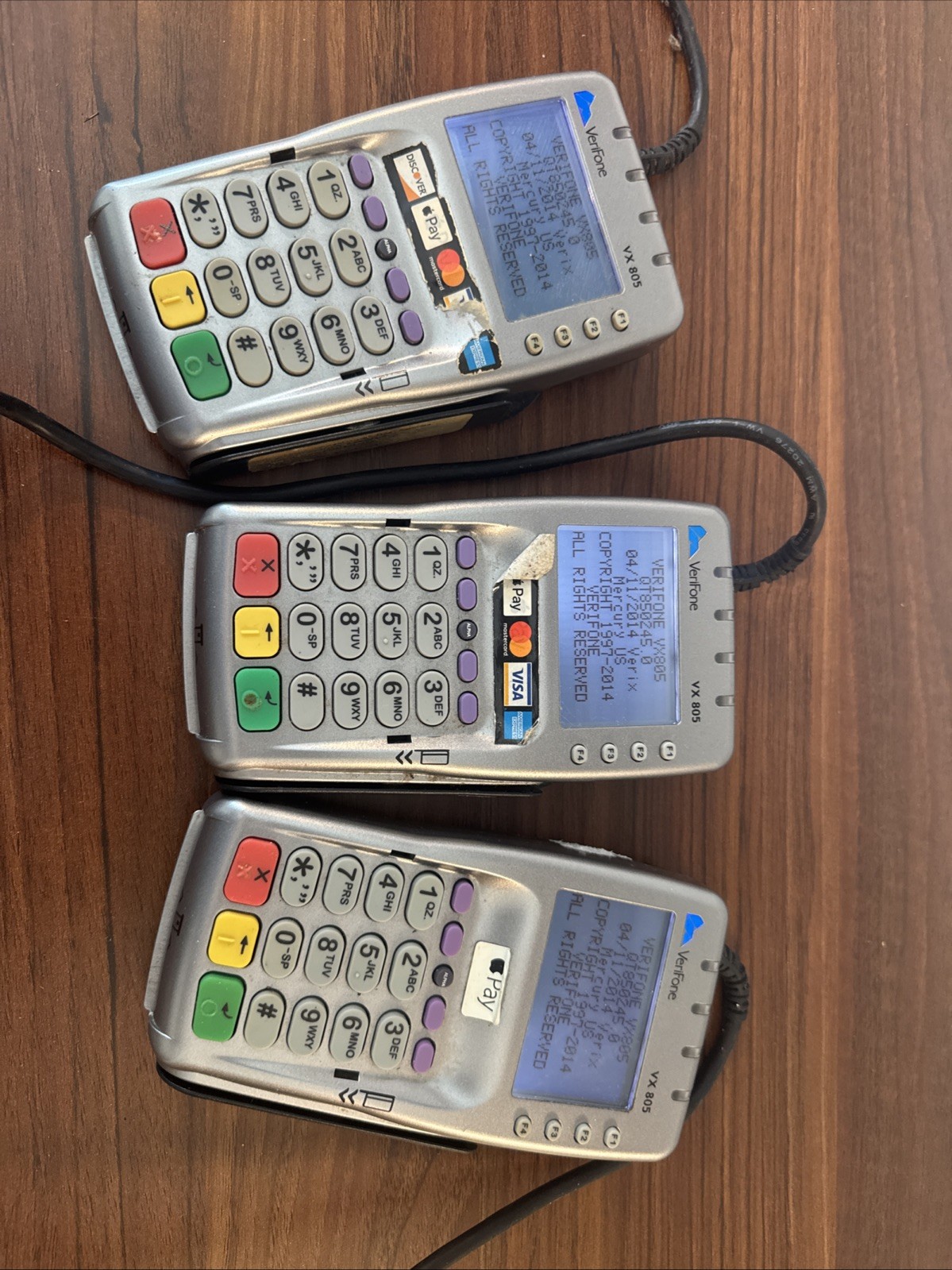 Used Lot of THREE VeriFone VX805 CTLS Pin Pad Chip/Card Readers – working