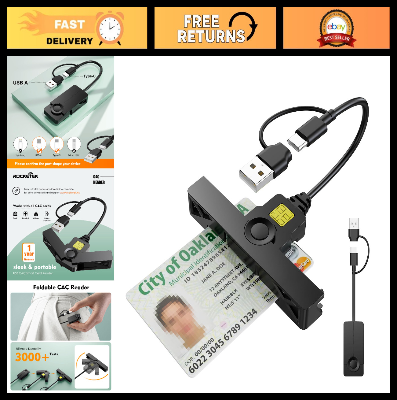 2-in-1 Type C Dual Connector CAC Card Reader, USB Smart Card Reader for Windows