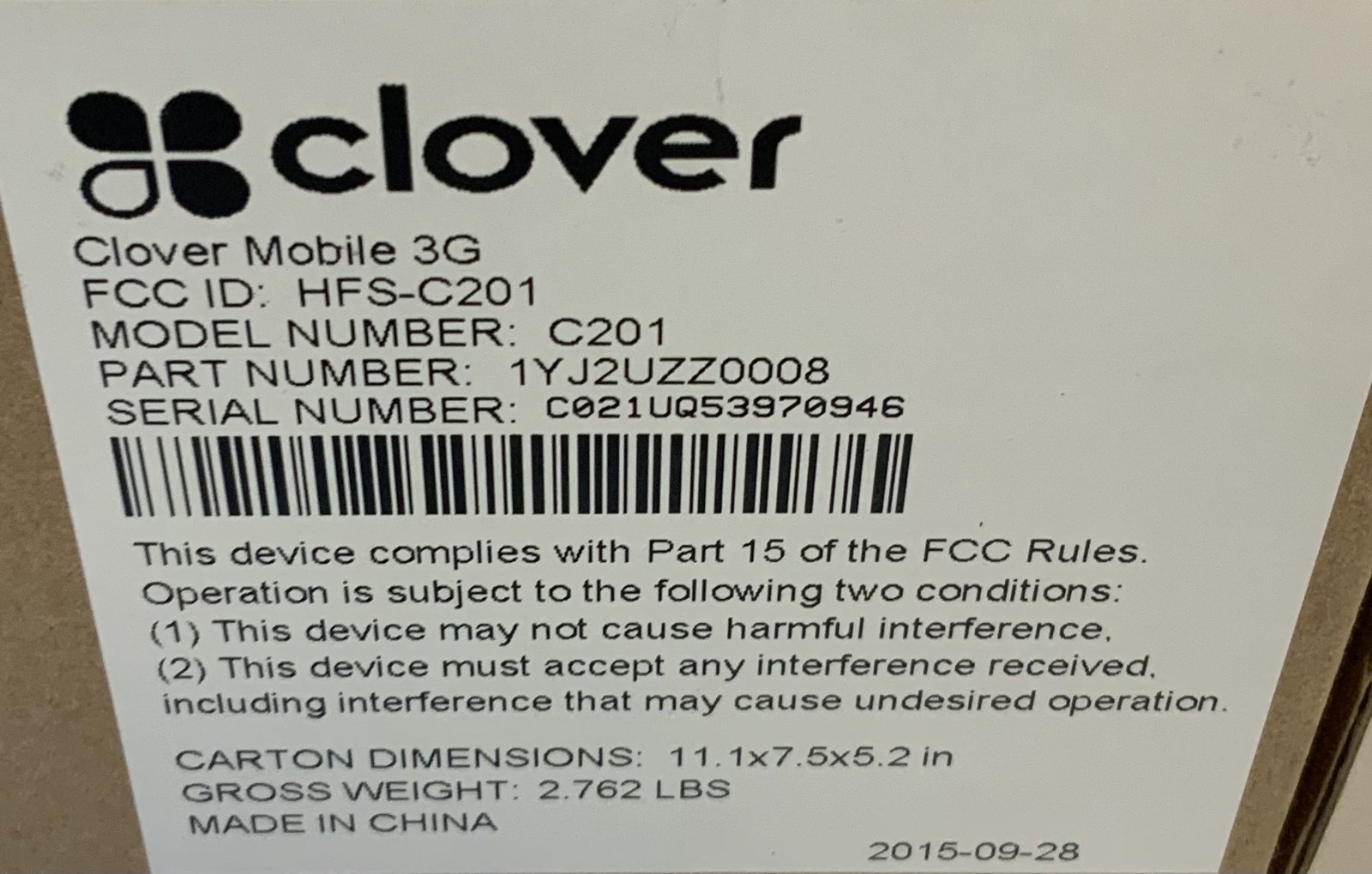 Clover C201 3G Mobile POS Touchscreen Card Reader (1YJ2UZZ0008), Black “O4A”