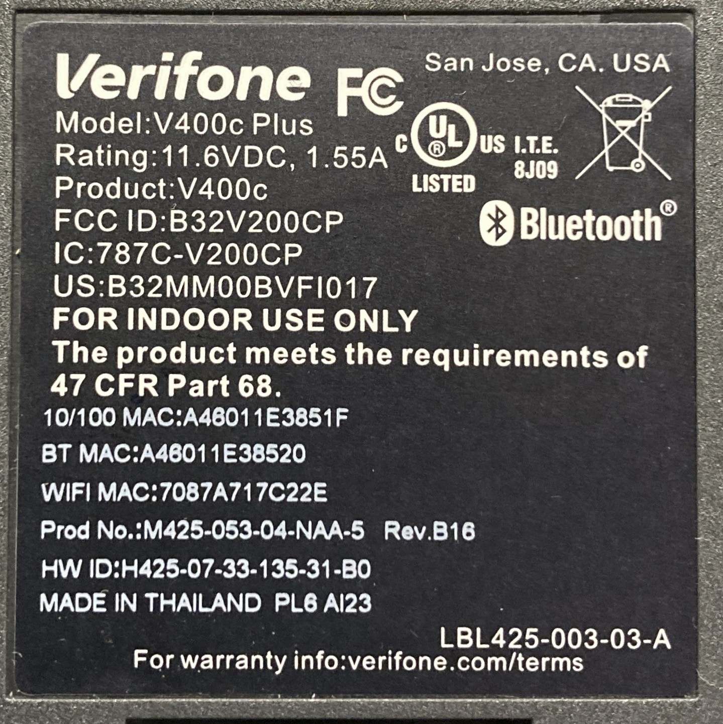 Verifone V400c Plus Credit Card Payment Terminal M425-053-04-NAA-5