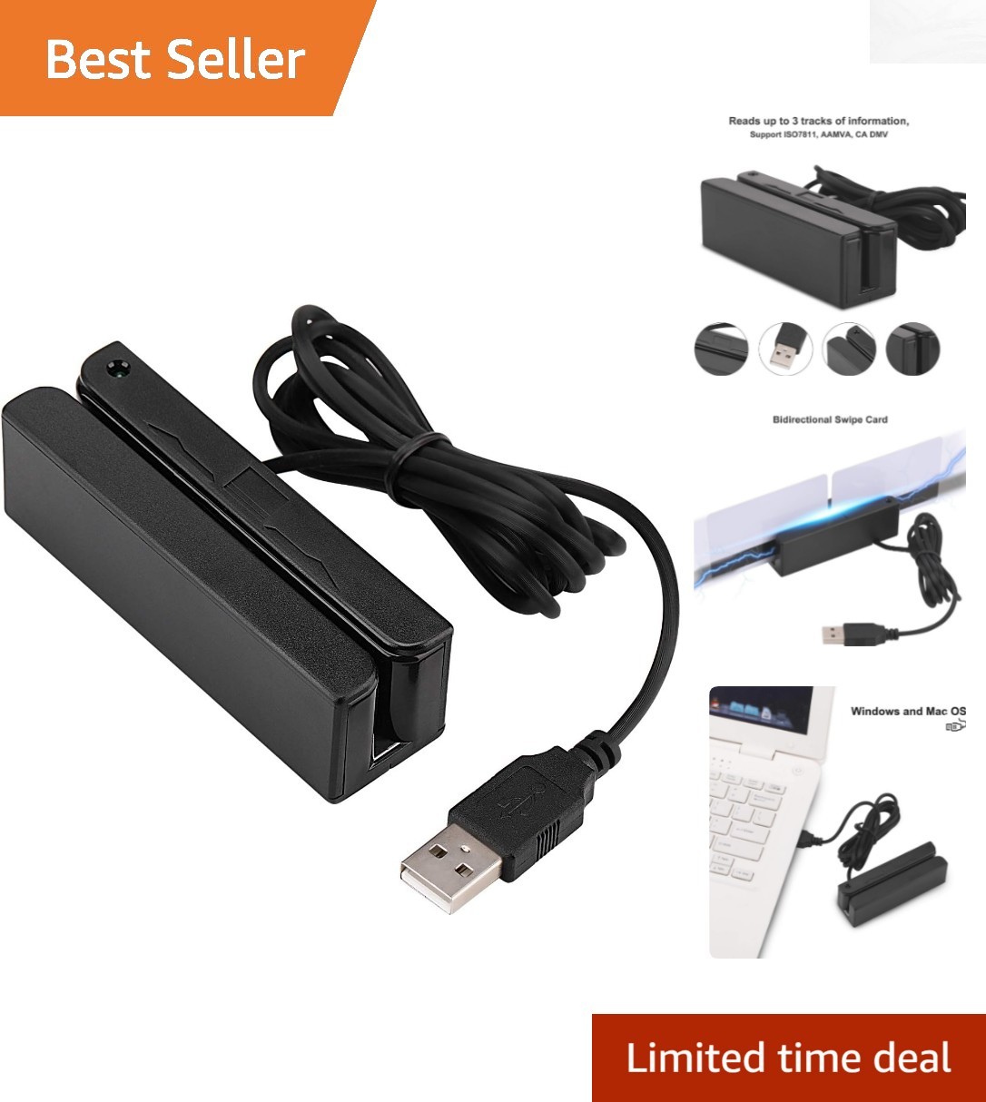 Durable USB Swipe Reader for Credit Cards – 3 Tracks, Versatile Compatibility