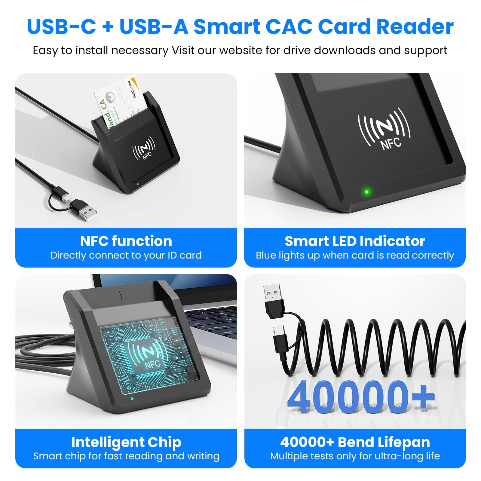 2-in-1 Smart Card Reader NFC USB A C CAC Military DOD ID Bank Chip Card Reader
