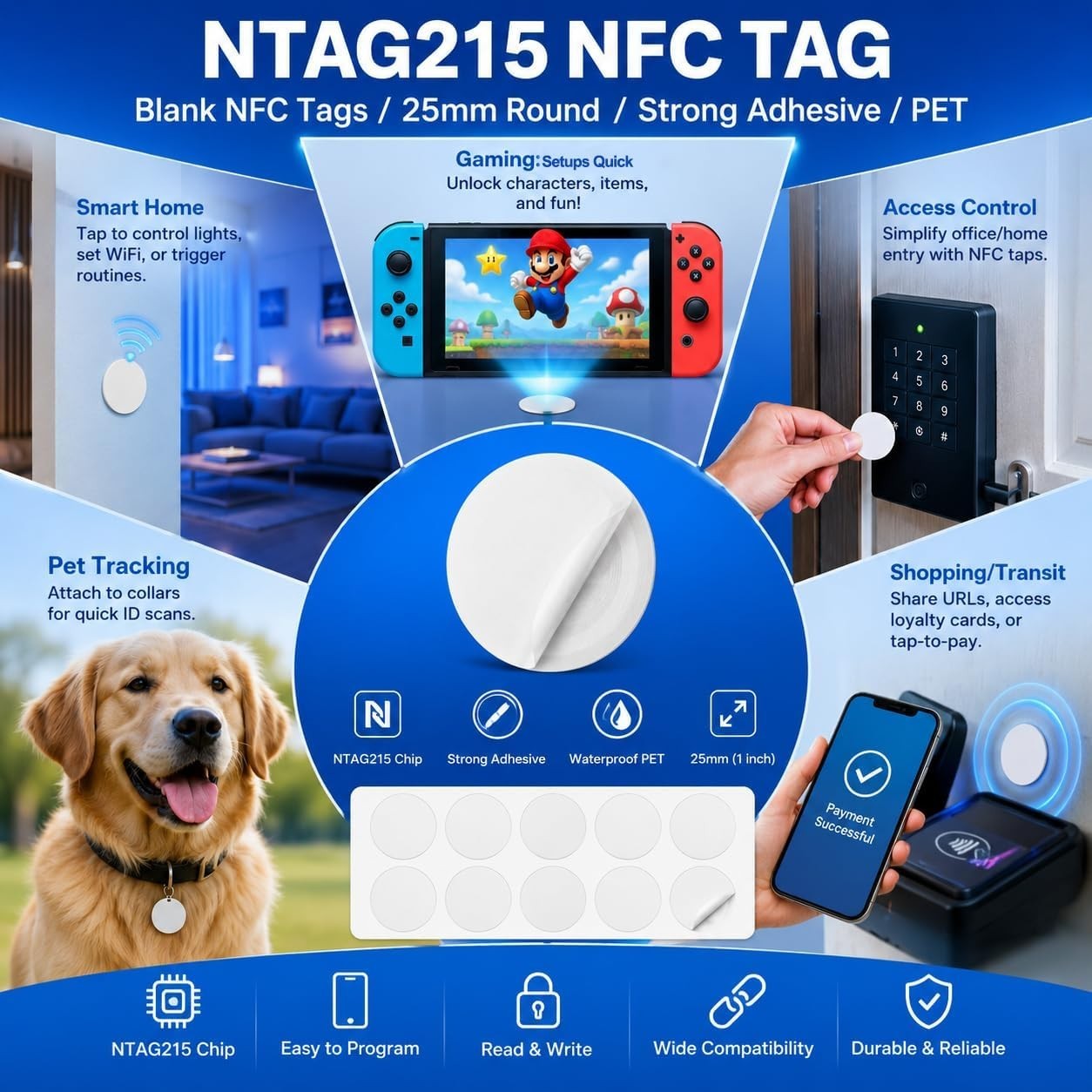 Durable 25mm NTAG215 NFC Stickers – 10 Pack Writer Blank with Strong Adhesive