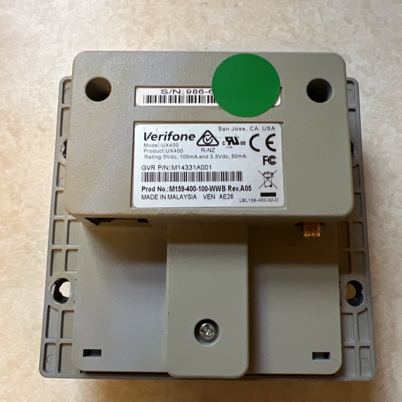 Verifone Contactless Tap Card Reader UX400 M159-400-100-WWB Rev A05 UNTESTED