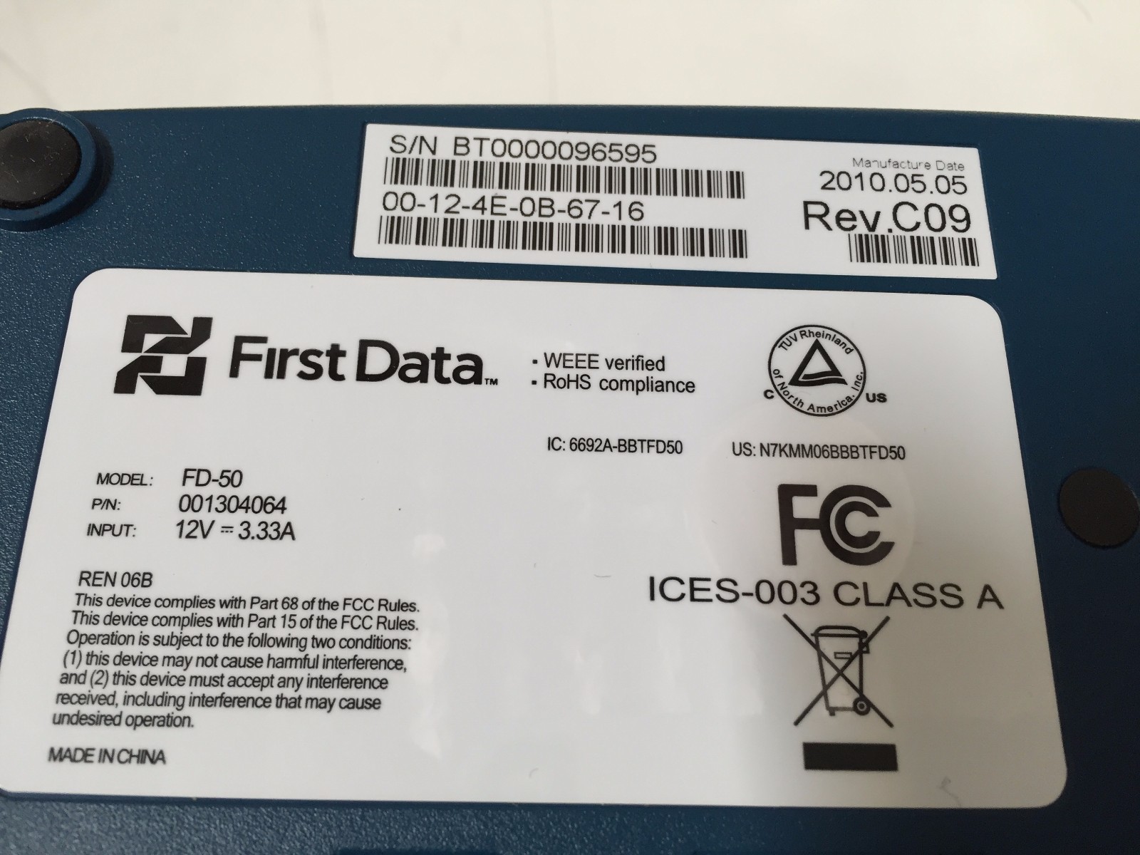 First Data FD-50 Credit Card Terminal 001304064
