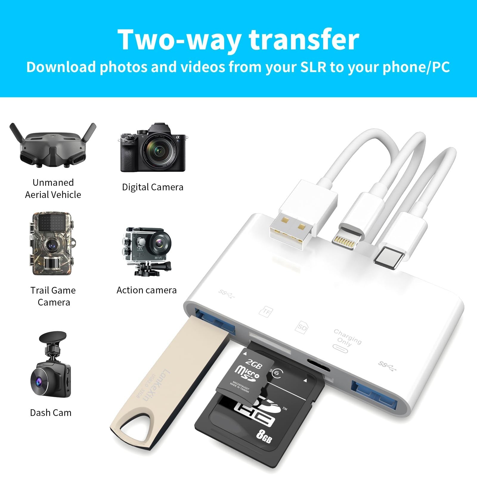 5-in-1 SD Card Reader for Phone,Memory Card Reader&USB OTG Adapter white