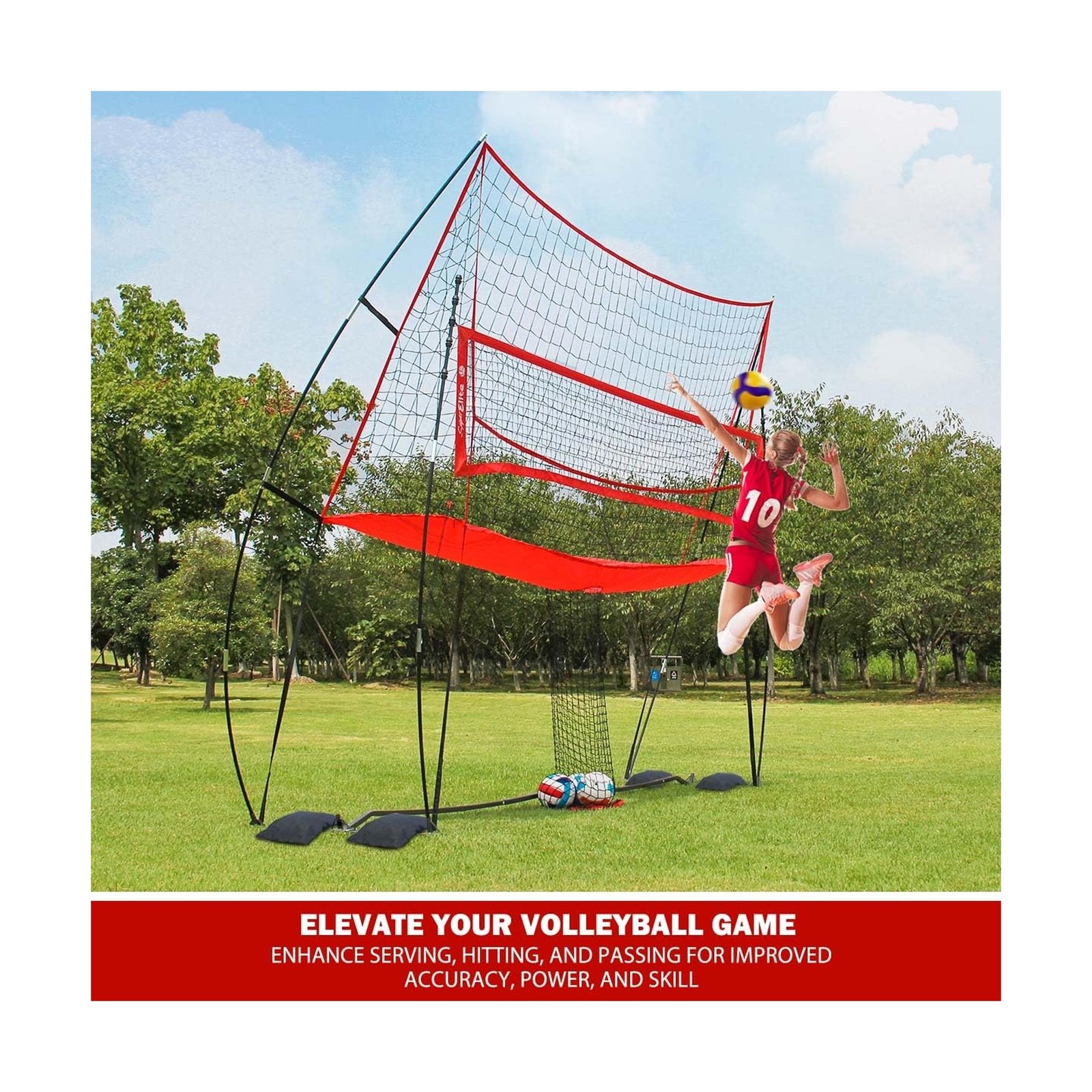 2-in-1 Volleyball Practice Net Station with Patented 5-Height (6’6” to 8′), …