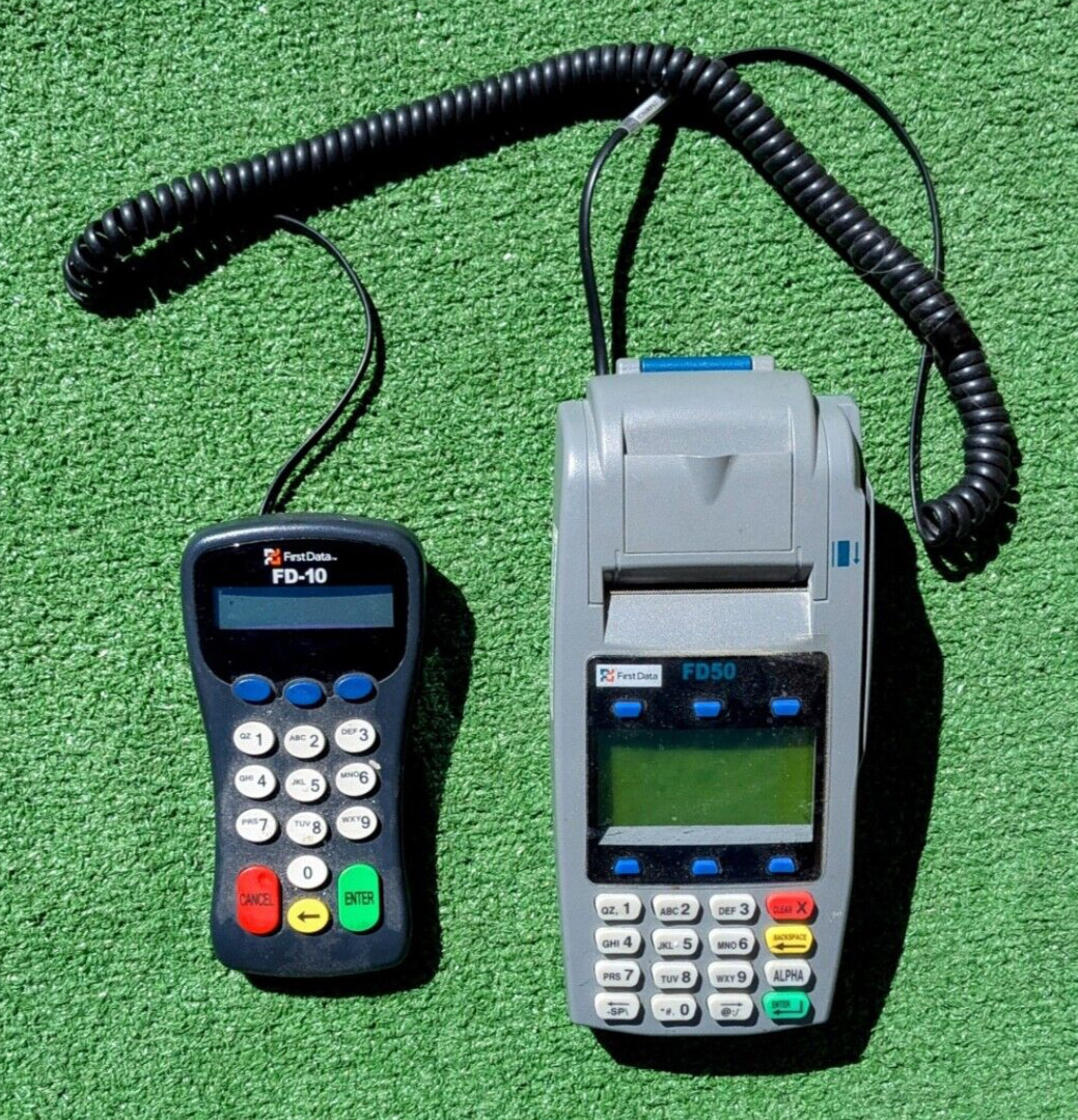 First Data POS FD50 Credit Debit Card Terminal+FD-10 Pin Pad Set NO Power Cord