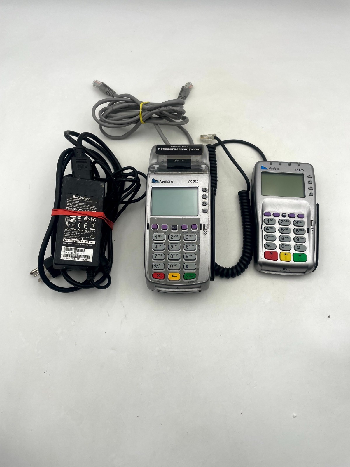 Lot of 2 VeriFone VX520 & VX805 Credit Card Payment Terminal Silver with Adapter