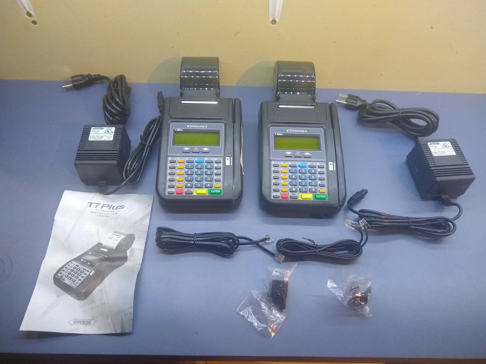 Lot of 2 HyperCom T Series T7PLUS Credit Card Machine Terminals & Power Supplies