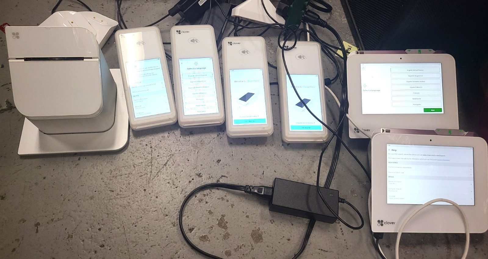 LARGE LOT of Clover Flex Wireless Card Payment Terminal w cradle, printer, & pow