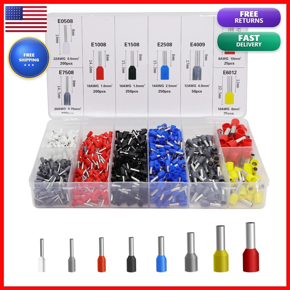 Fidioto 1200pcs Wire Ferrules Terminals Kit AWG 22-8