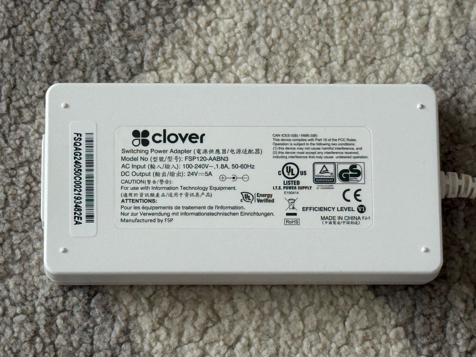 Genuine Clover Station Switching Power Adapter Power Supply FSP120-AABN3 TESTED