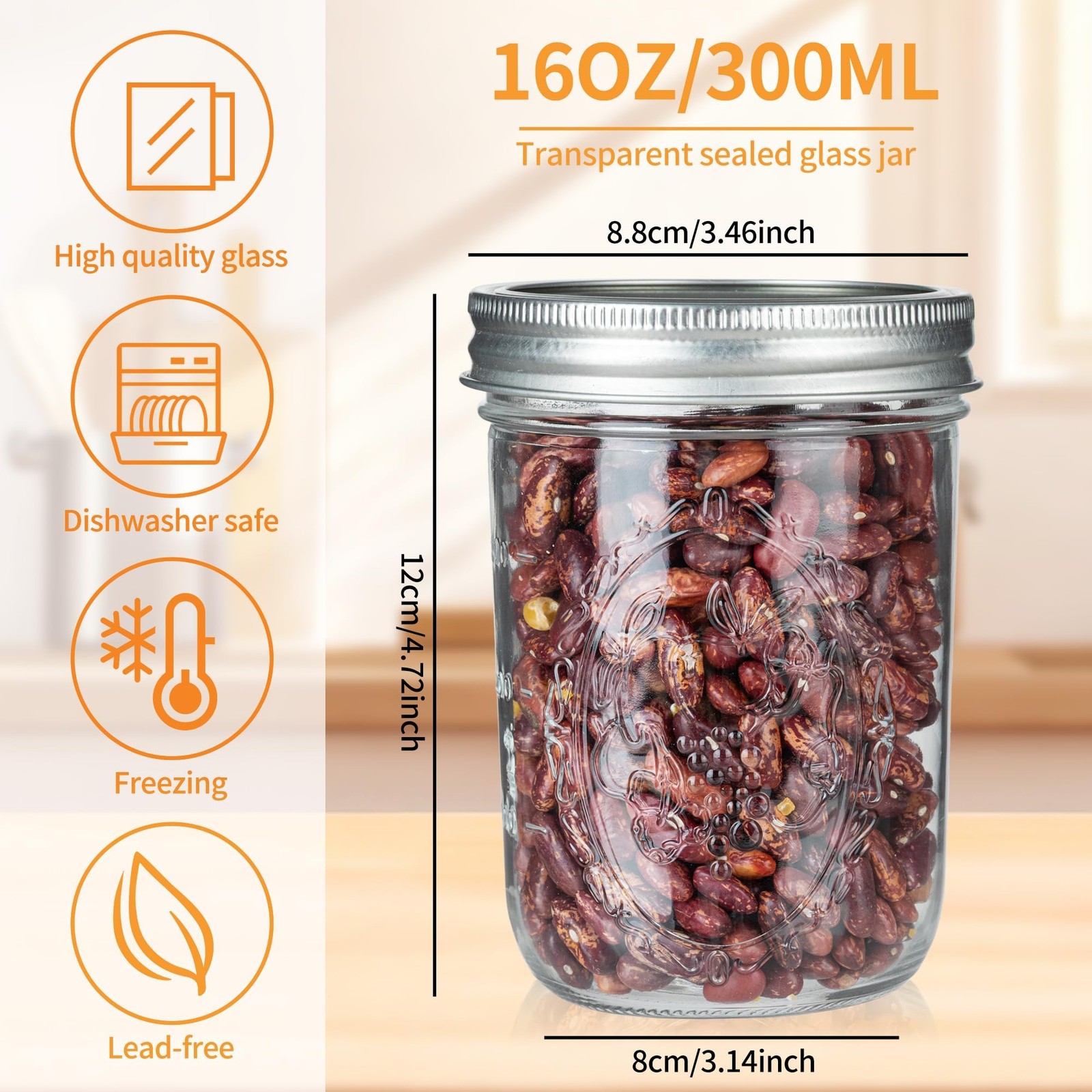 P&C GOODS Wide Mouth Mason Jars 16 oz with Lids 8 Pack, Canning Jars with Met…