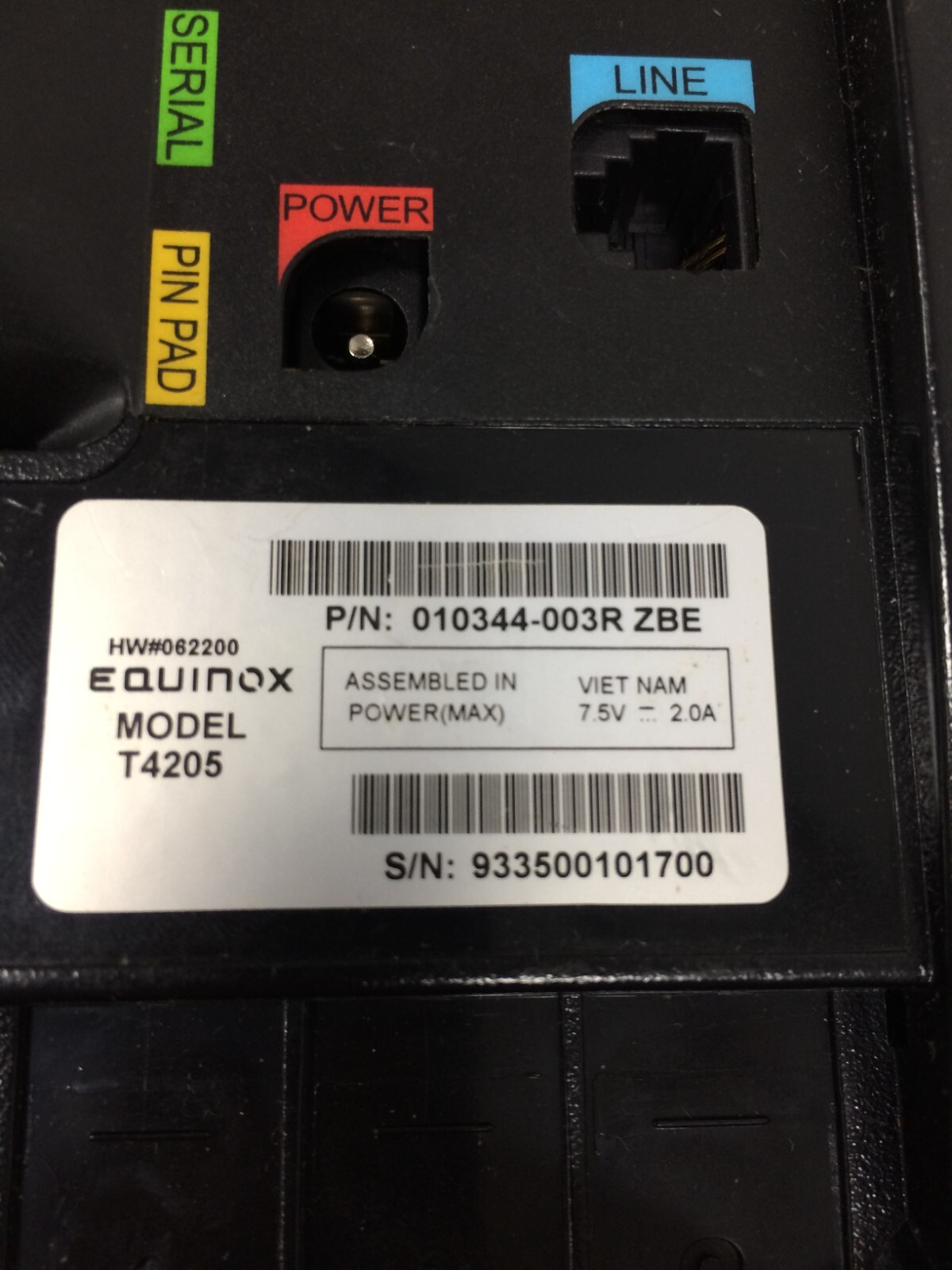 EQUINOX Model T4205, 010344-003R ZBE Credit Card Reader, w Phone Cable, NO POWER