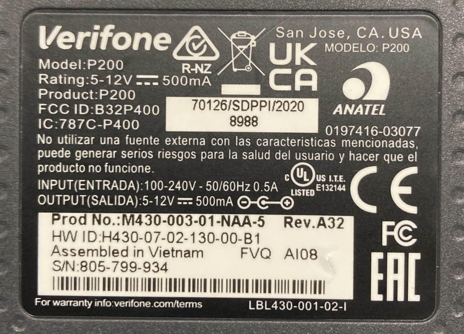 Lot of 2 Verifone P200 Credit Card Payment Terminals (Units Only)