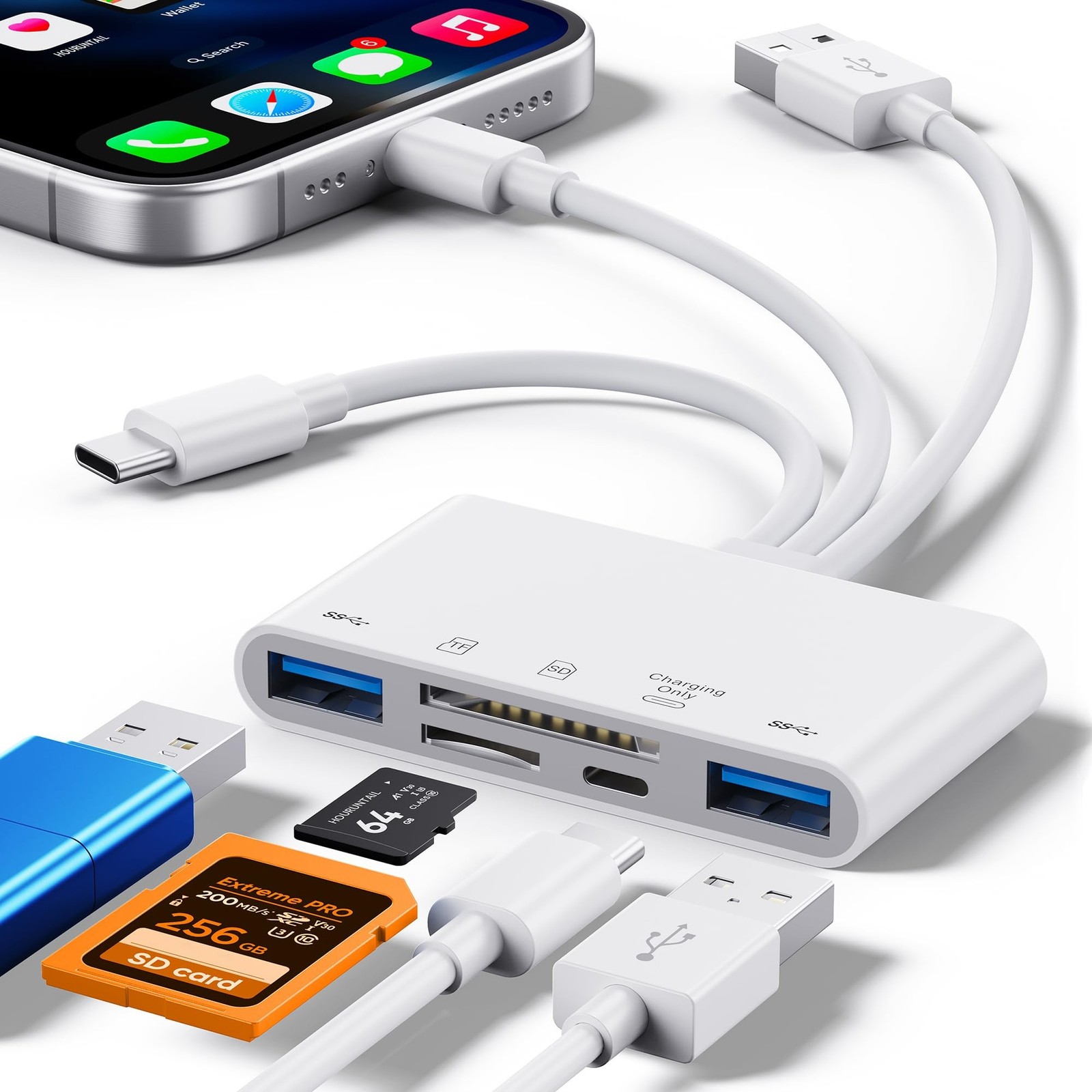 5-in-1 SD Card Reader for Phone,Memory Card Reader&USB OTG Adapter white