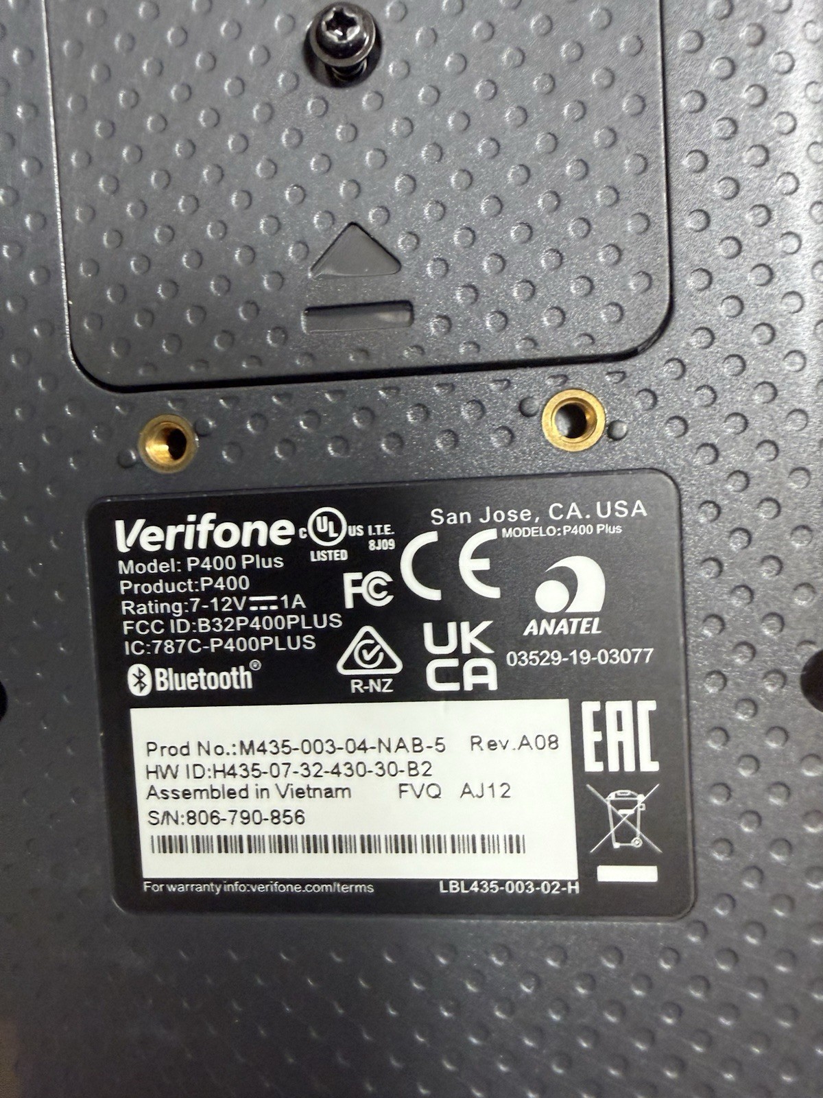 (2) VeriFone P400 Plus Credit Card Terminals (M435-003-04-NAB-5) With Cords