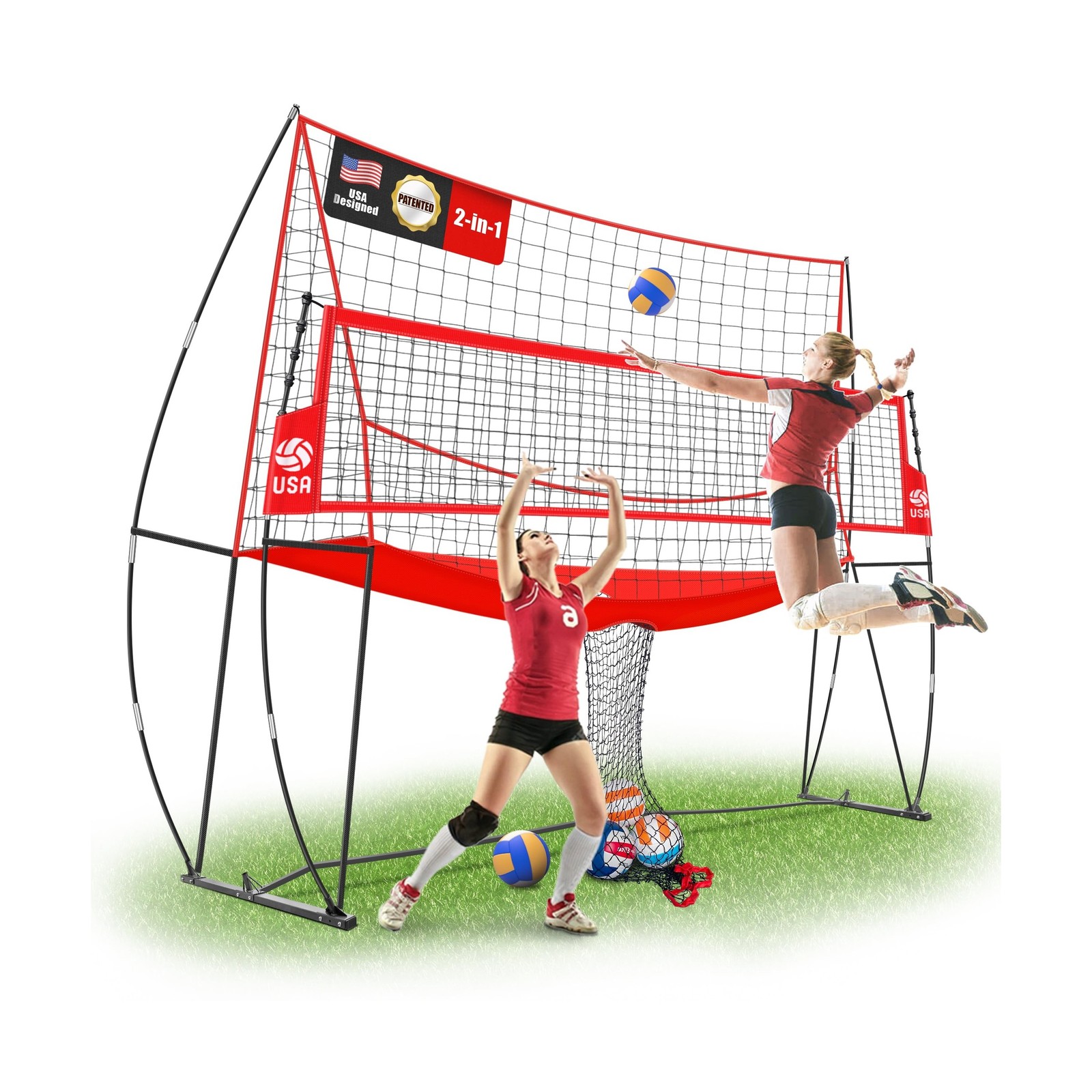 2-in-1 Volleyball Practice Net Station with Patented 5-Height (6’6” to 8′), …
