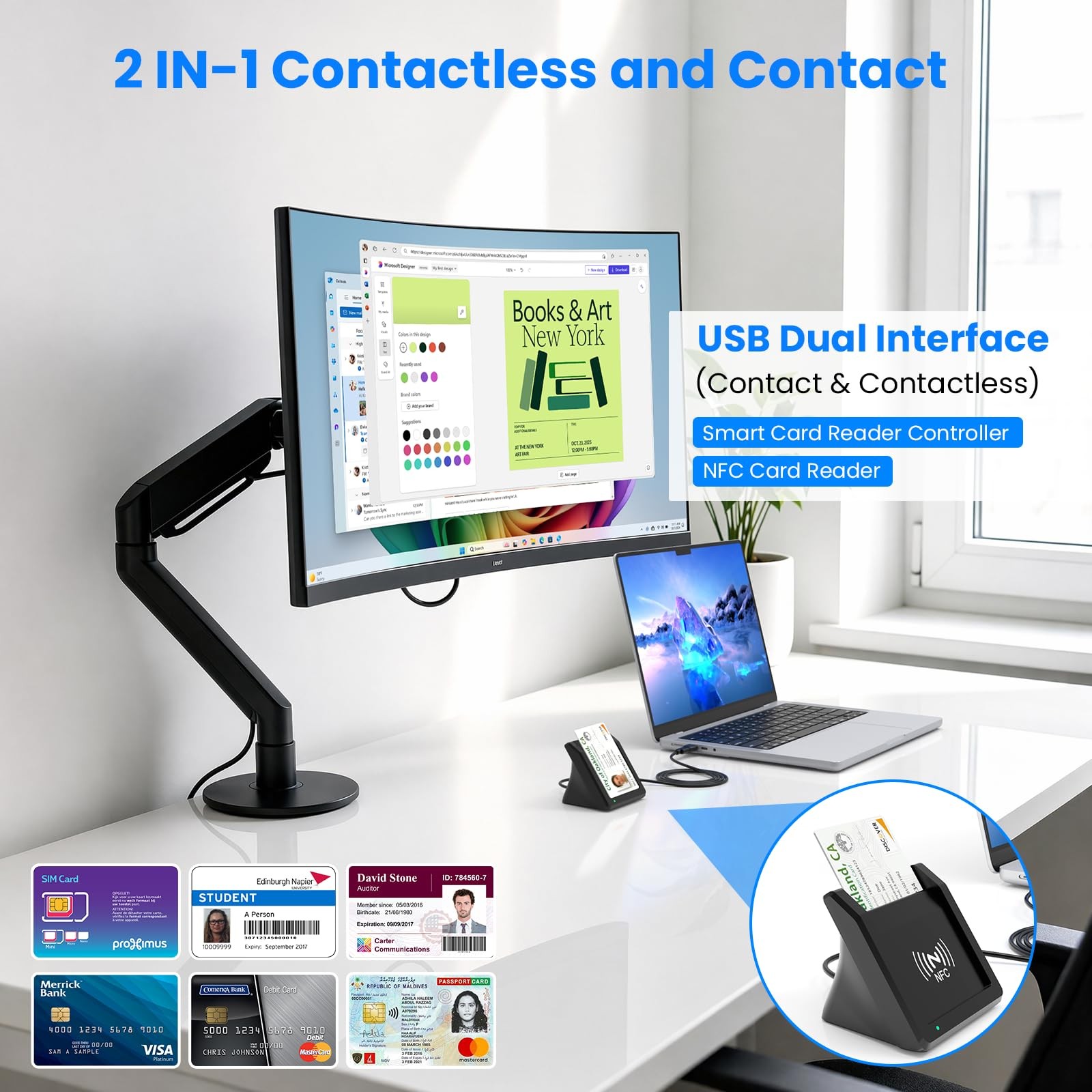 2-in-1 Smart Card Reader NFC USB A C CAC Military DOD ID Bank Chip Card Reader
