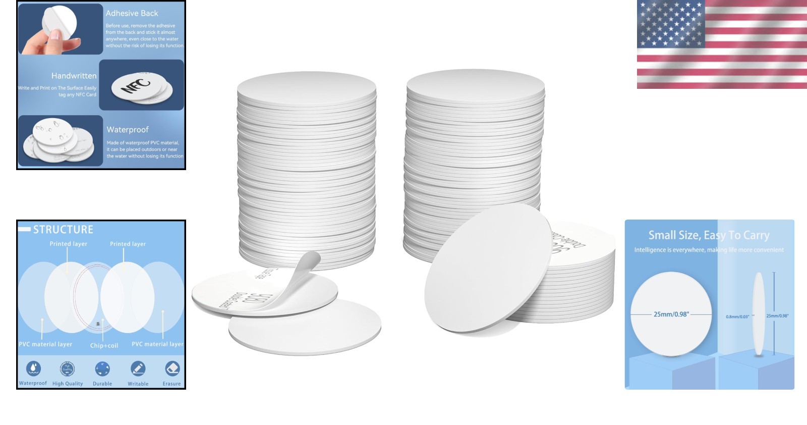 Rewritable 50 PCS NFC Stickers – Durable Waterproof 25mm Tags for All Devices