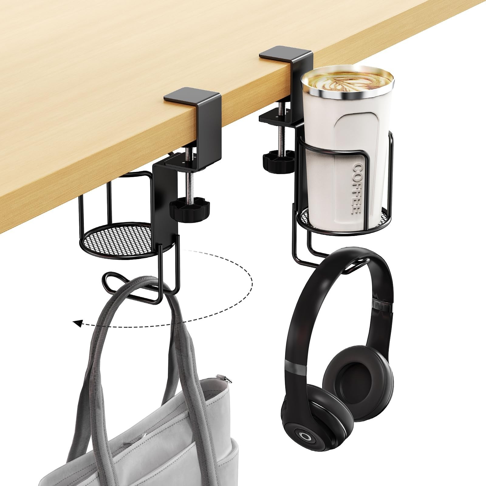 CABTE 2 Pack 2 in 1 Desk Mug Hooks with Headphone Hanger Holder, Anti-Spill C…