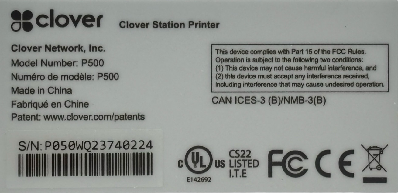 Clover Station Model P500 Receipt Printer w/ Cable 2BYJ5PA0020 FAST SHIPPING