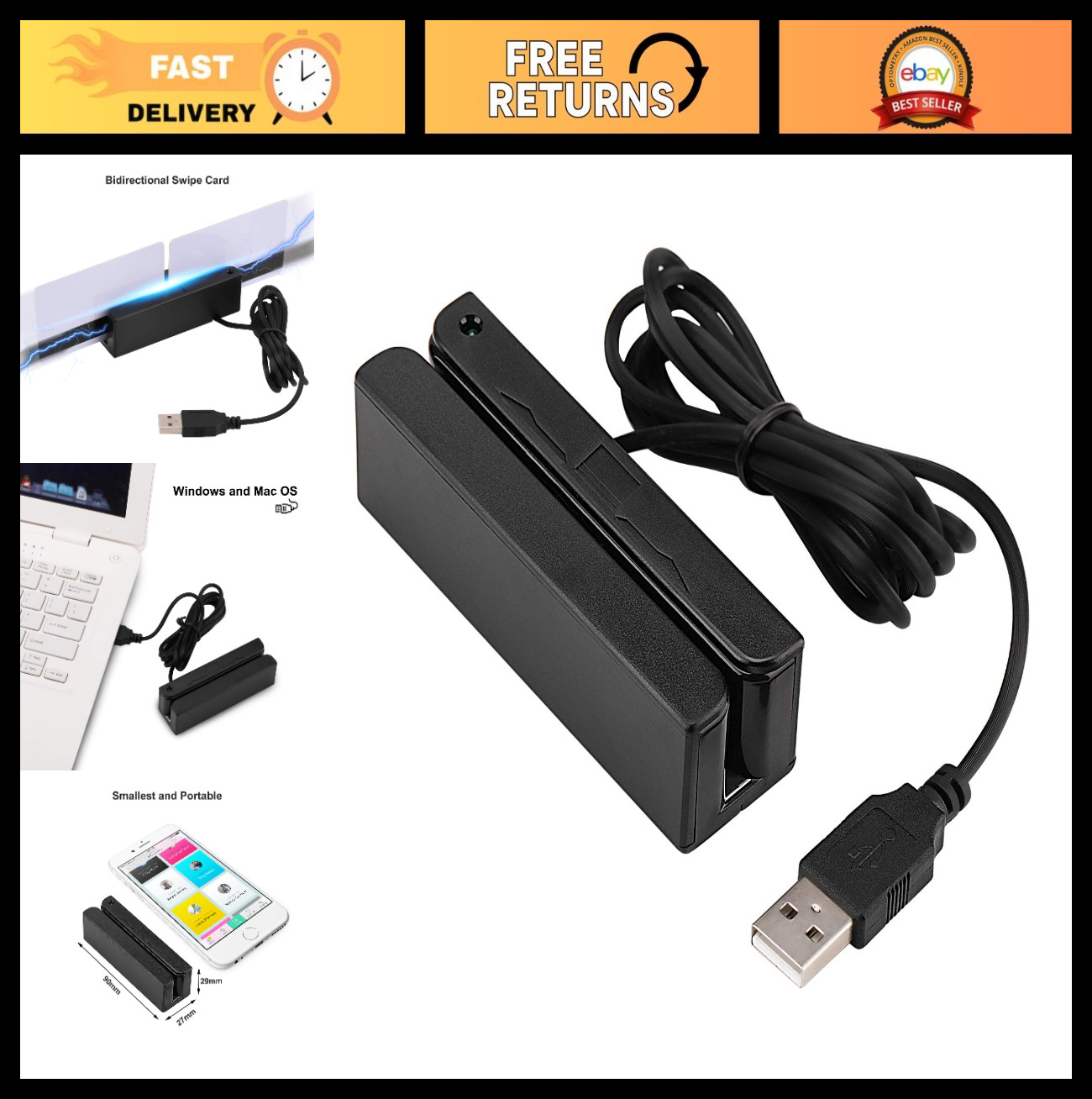 USB Magnetic Credit Card Reader – 3 Tracks Mini Swipe Reader for Payments