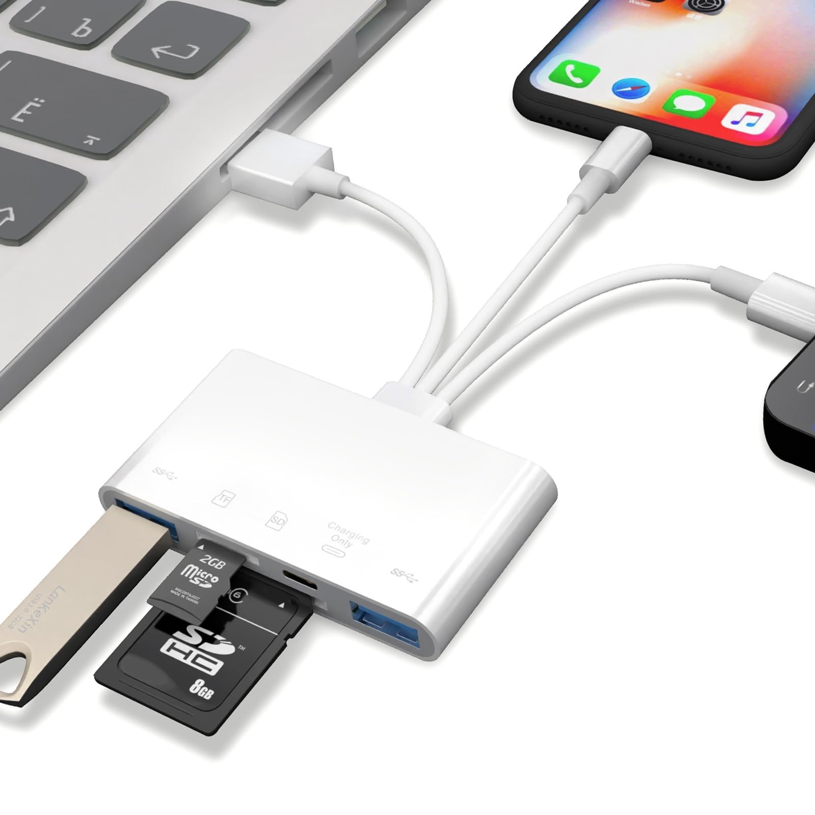 5-in-1 SD Card Reader for Phone,Memory Card Reader&USB OTG Adapter white