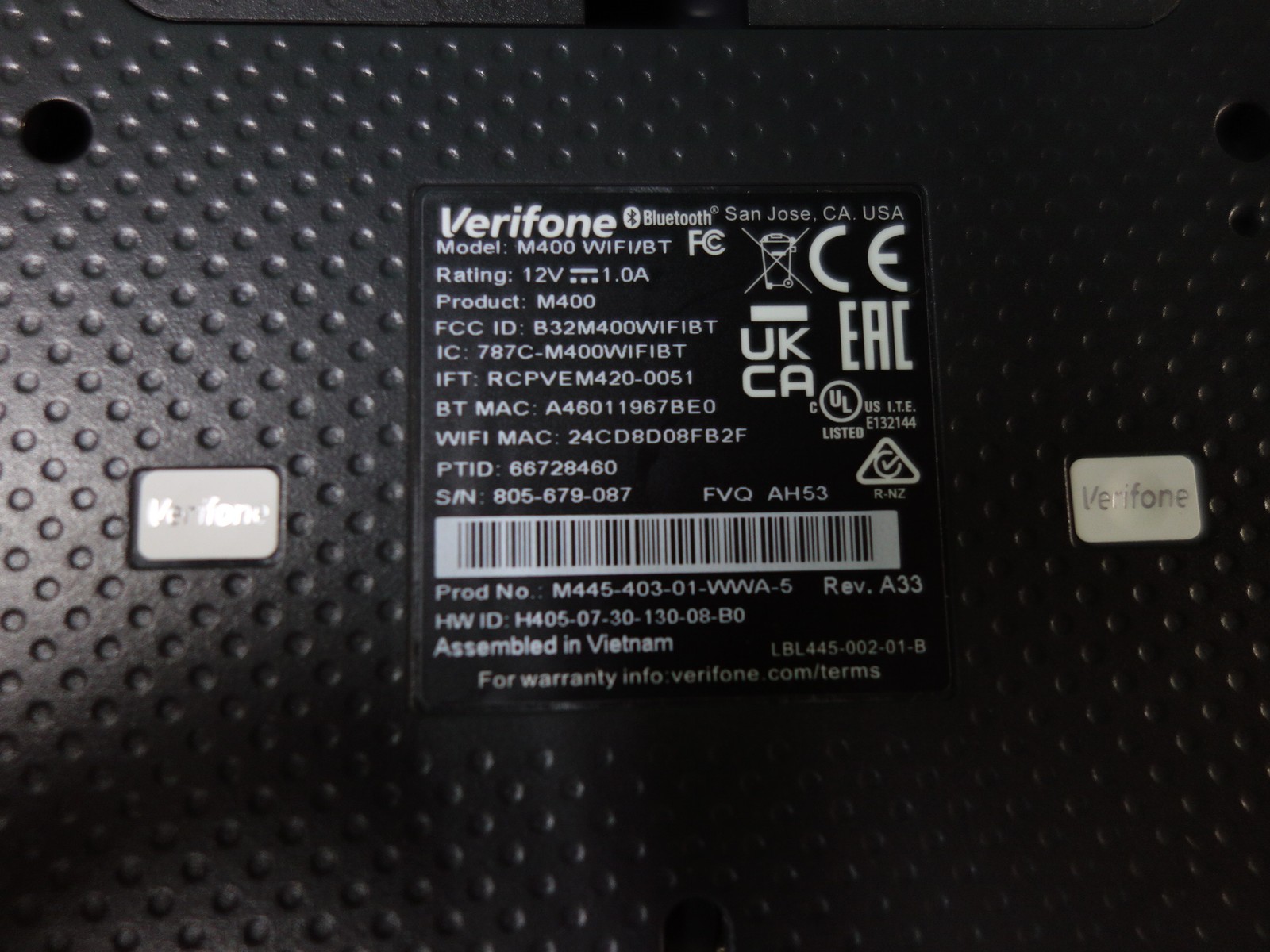 VERIFONE M400 WIFI/BT (PCI5) M445-403-01-WWA-5 CREDIT CARD TERMINAL