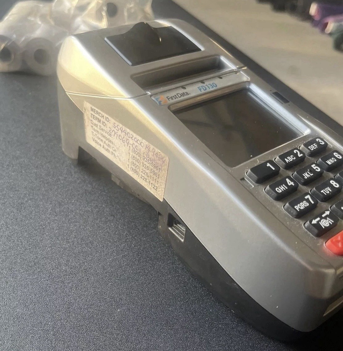 First Data FD130 EMV Credit Card Terminal + 8 Paper Rolls.