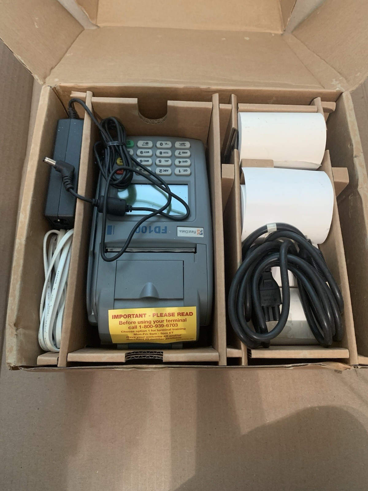 Lot First Data FD100 Credit Card Terminal +Power Adapter + 6 Rolls + Sale Strips
