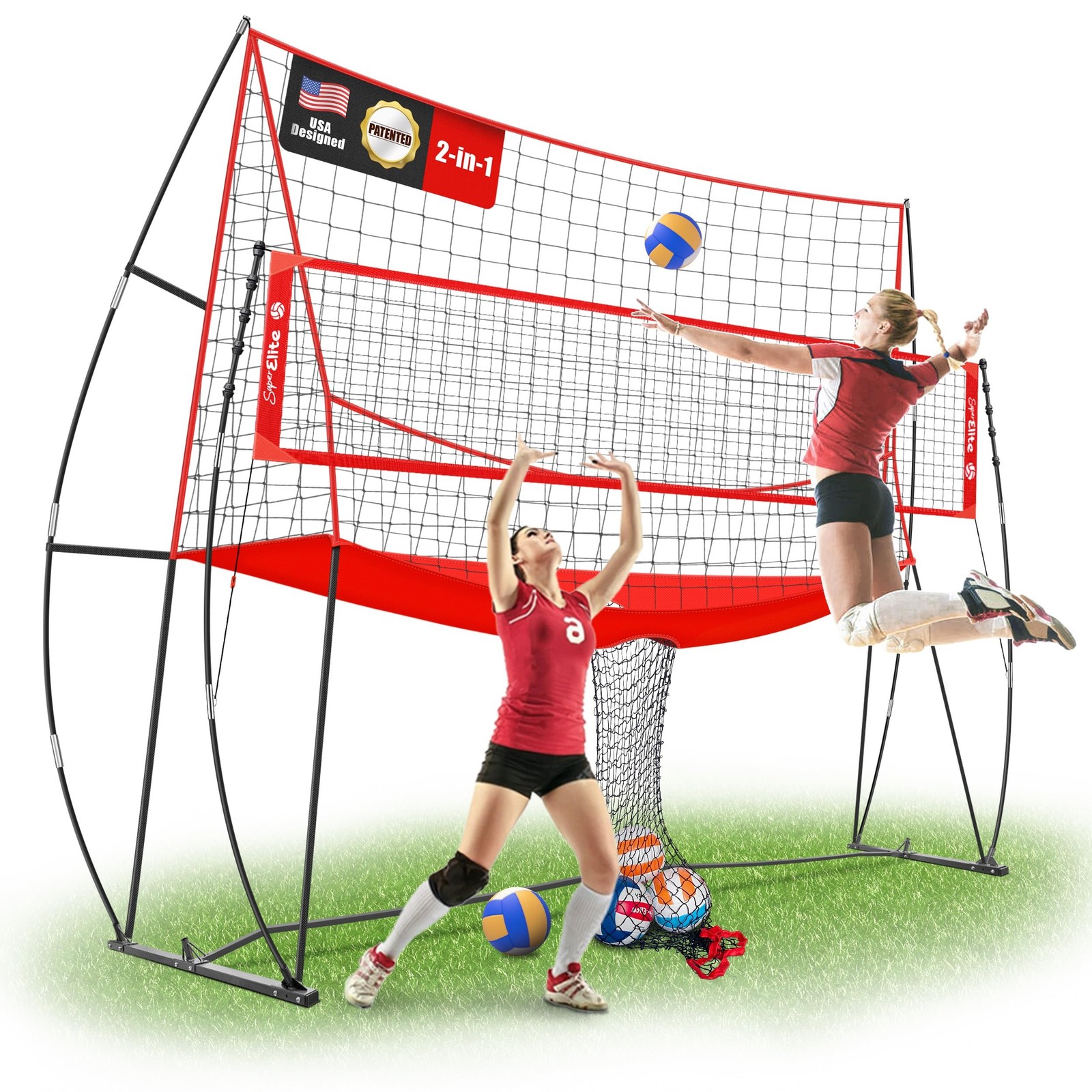 2-in-1 Volleyball Practice Net Station with Patented 5-Height (6’6” to 8′), …