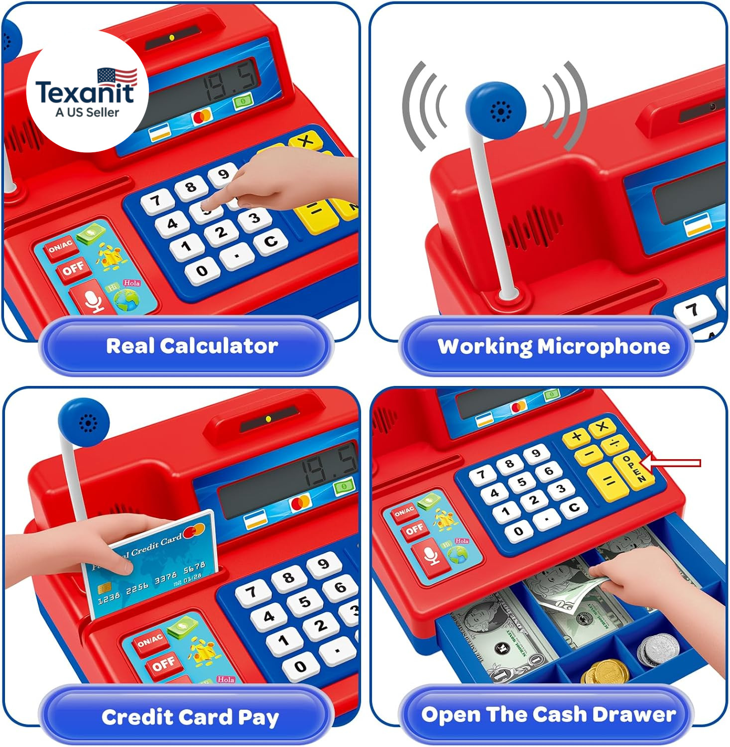 Calculator Cash Register – 103 Pcs Toy Cash Register, Microphone, Credit Card an