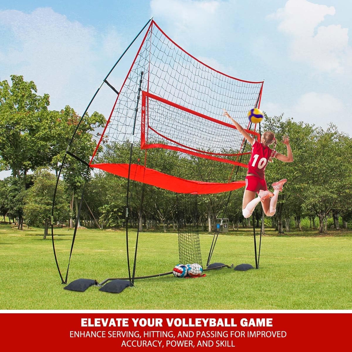 2-in-1 Volleyball Practice Net Station with Patented 5-Height (6’6” to 8′), …