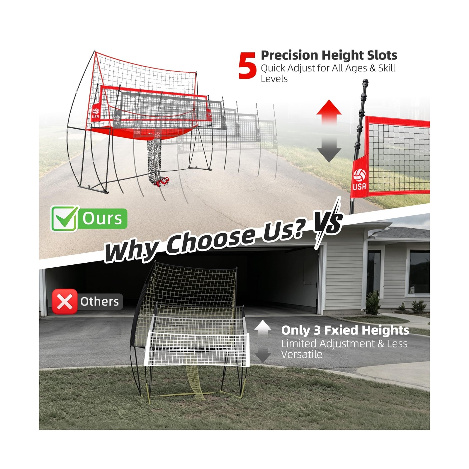 2-in-1 Volleyball Practice Net Station with Patented 5-Height (6’6” to 8′), …