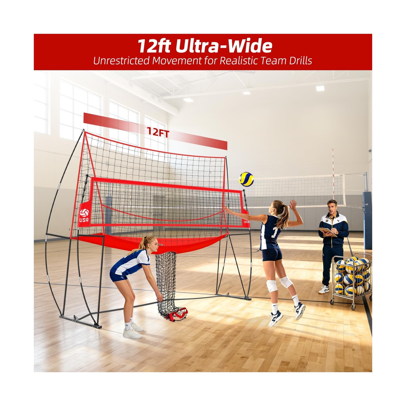 2-in-1 Volleyball Practice Net Station with Patented 5-Height (6’6” to 8′), …
