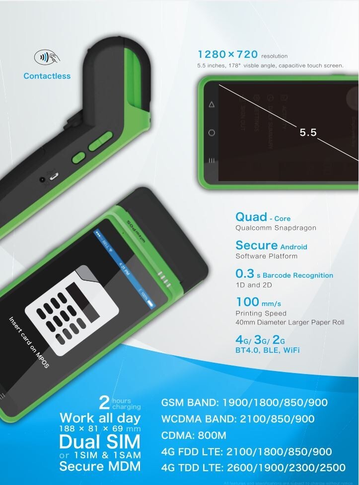 WizarPOS Tap & Go K2 Mobile POS Terminal Credit Card Billing Machine Contactless